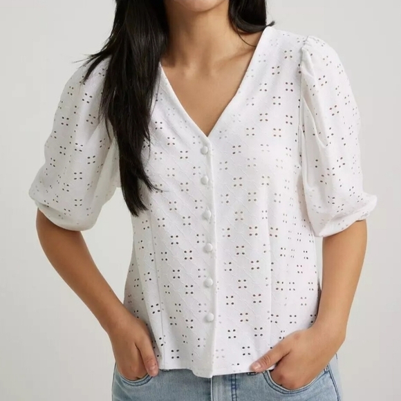 Joseph Ribkoff Eyelet Puff Sleeve Blouse - Picture 1 of 5